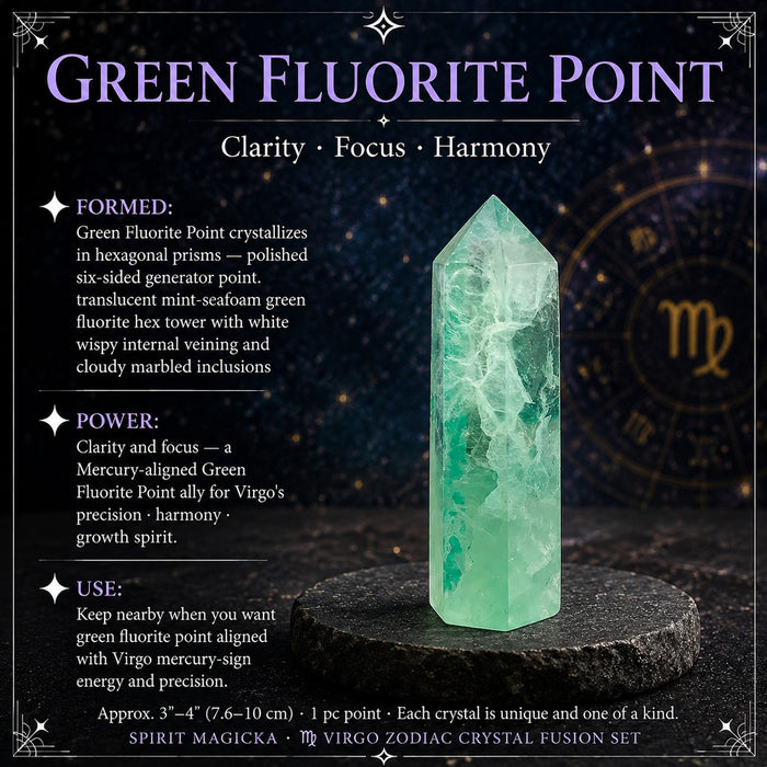 Six-sided green fluorite point, translucent mint green with white wispy veining