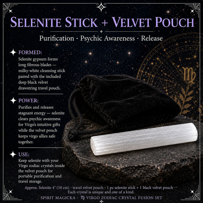 Milky-white selenite stick lying in front of a black velvet drawstring pouch