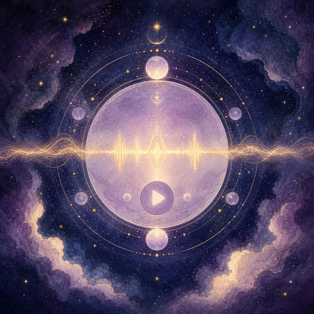 Headphones beside a phone glowing with a soft violet audio waveform on cream linen.