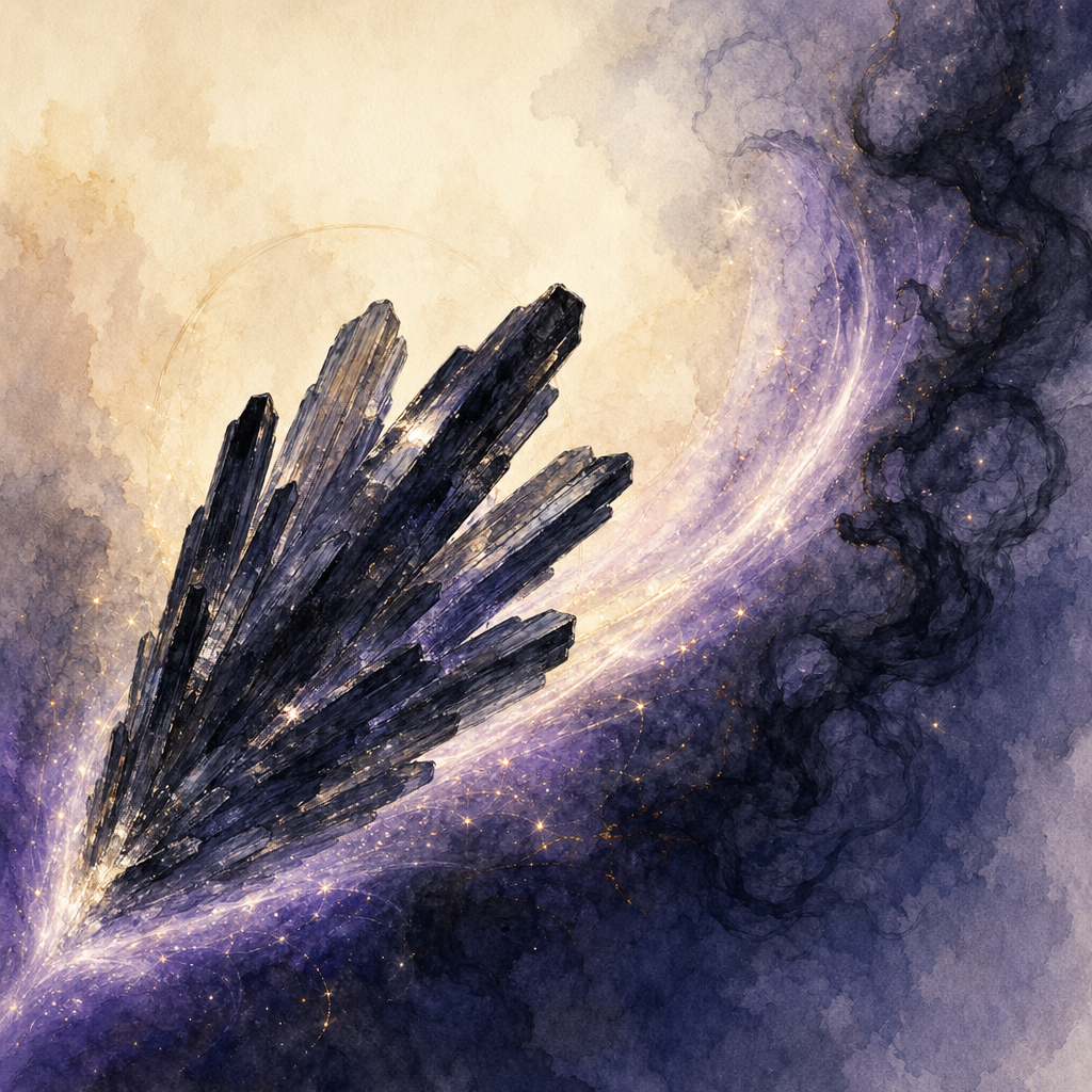 A black kyanite fan brushing through faint dark wisps with a trail of clean violet light following its motion.