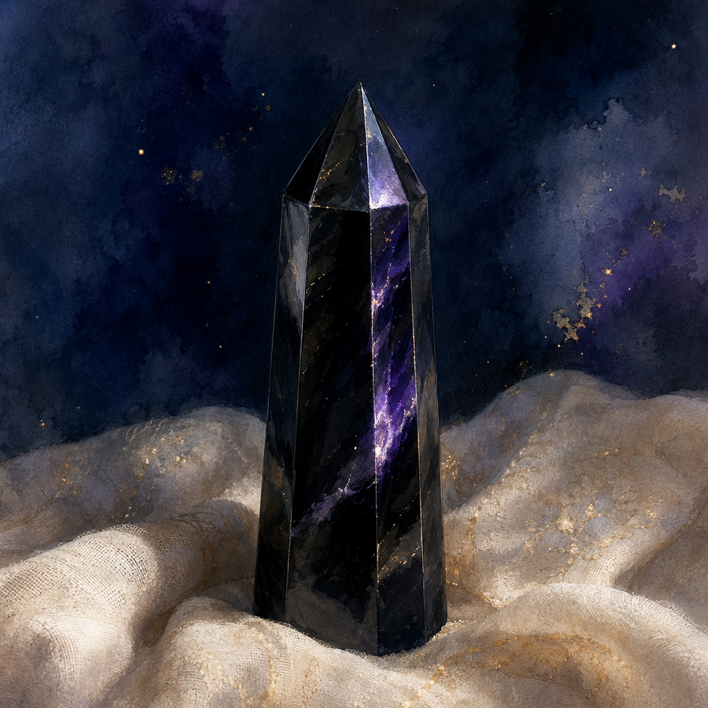 A polished black obsidian point standing upright with faint reflected violet light.