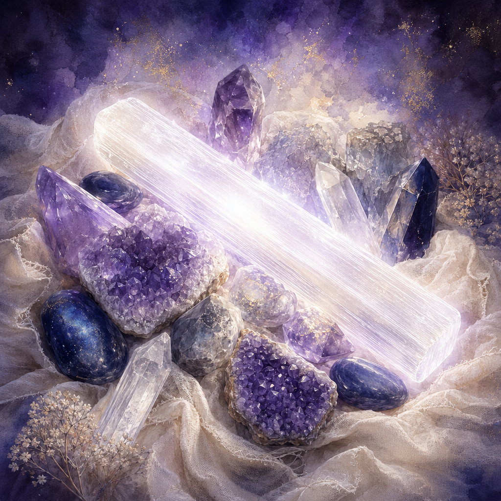 A glowing pearlescent selenite stick laid across the other crystals, bathing them in soft white-violet light.