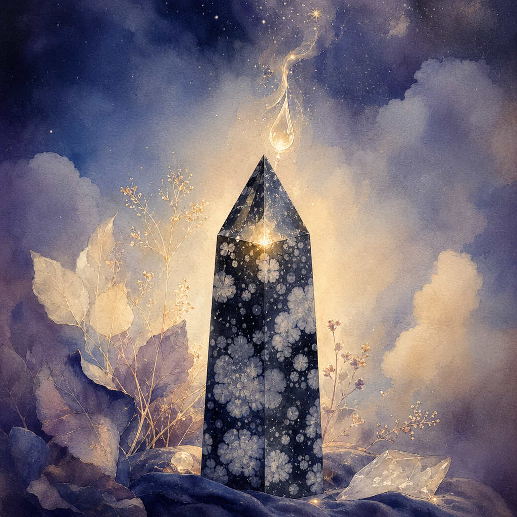 A snowflake obsidian point with white spherulite spots and a single tear-drop of light leaving its surface.