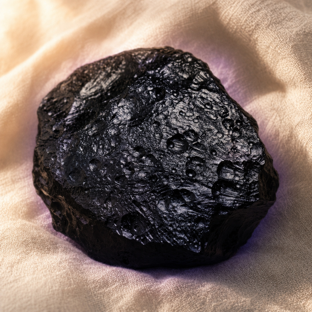 A jet-black Tektite specimen.