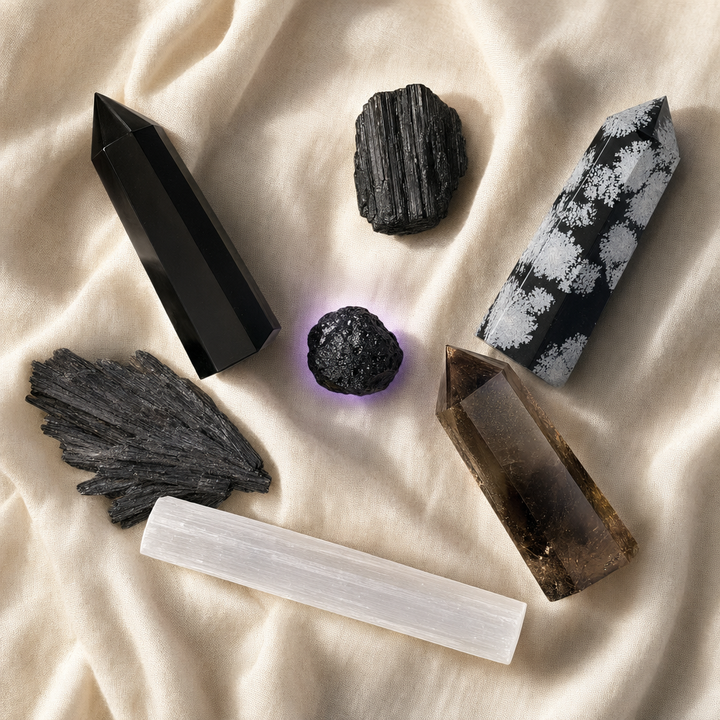 Top-down flat-lay of the seven dark-energy protection crystals arranged in a gentle arc on cream linen.
