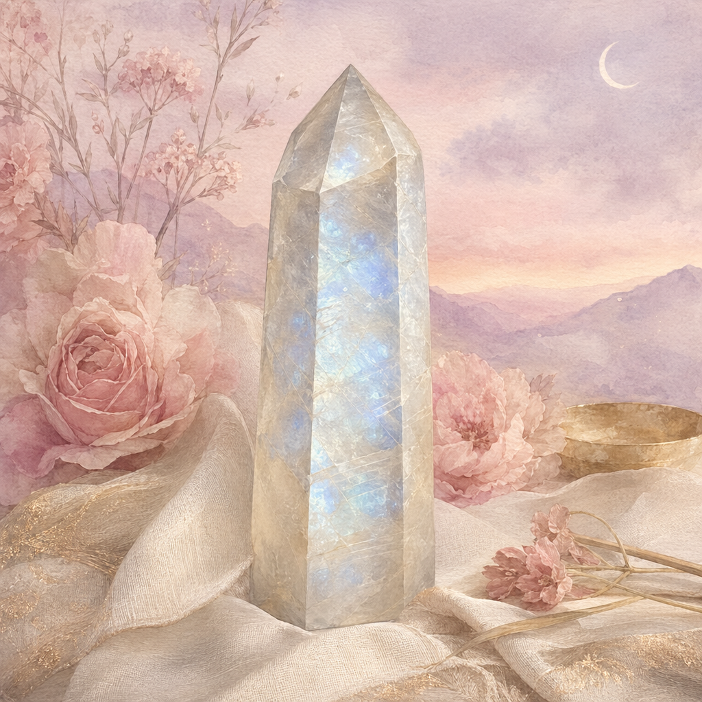 A luminous blue moonstone point on warm cream linen, faint silver-blue adularescence shimmering across its surface &mdash; feminine intuition made visible.