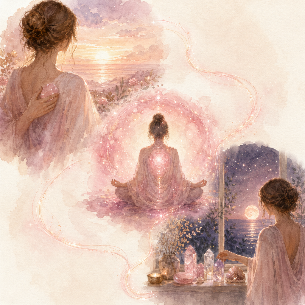 A morning, midday, and evening vignette connected by a warm rose-gold thread on cream &mdash; the daily Love Summoning ritual.