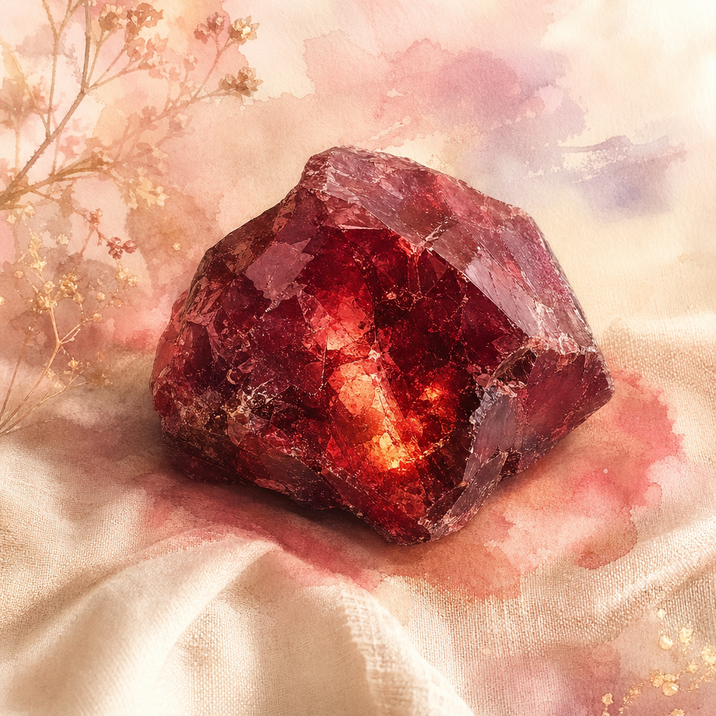 A single raw rough red garnet crystal on cream linen with warm rose-gold fire glowing from its core &mdash; passionate, devoted love.