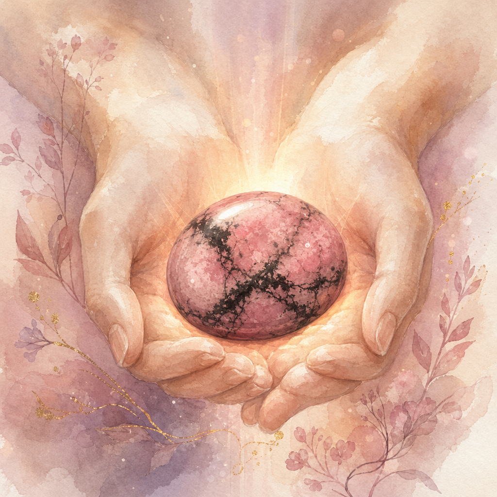 A pink rhodonite palmstone with soft black lace running through it, warm rose-gold light pooling around it on cream linen.