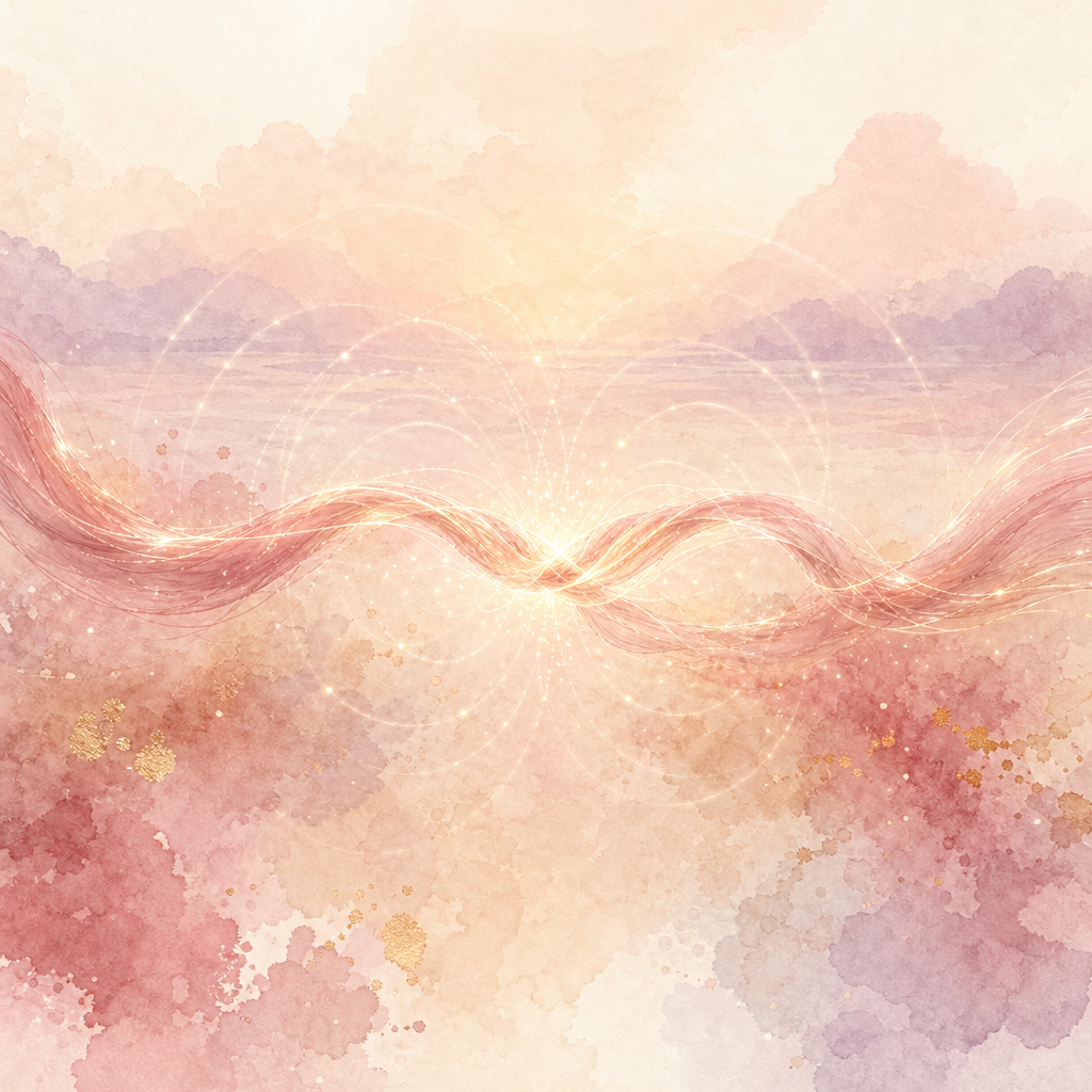 A single warm rose-gold heart-glow radiating in a soft cream field, faintly haloed in dawn lavender &mdash; the frequency of someone finally at home in themselves.