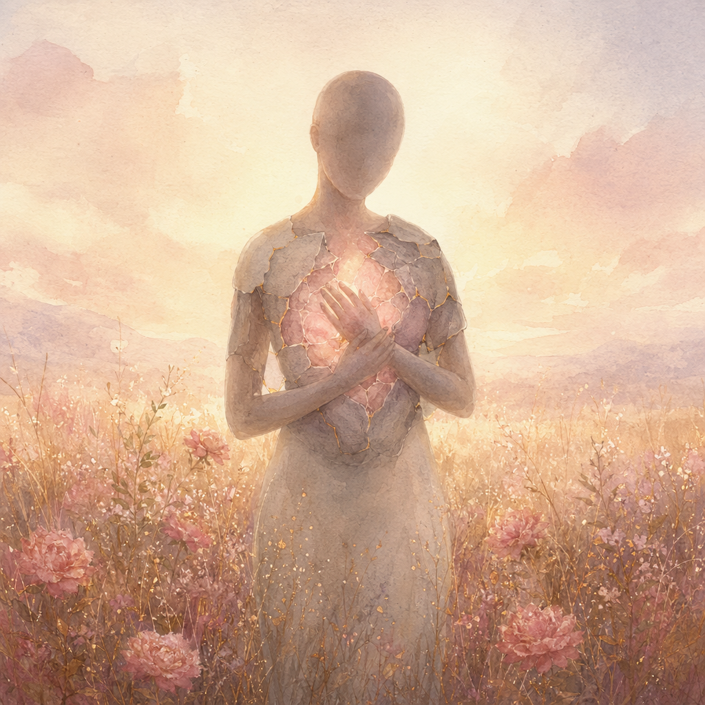 A single rose quartz on a nightstand, faint grey patterns still looping &mdash; one stone alone is not lifting the old worthiness pattern.
