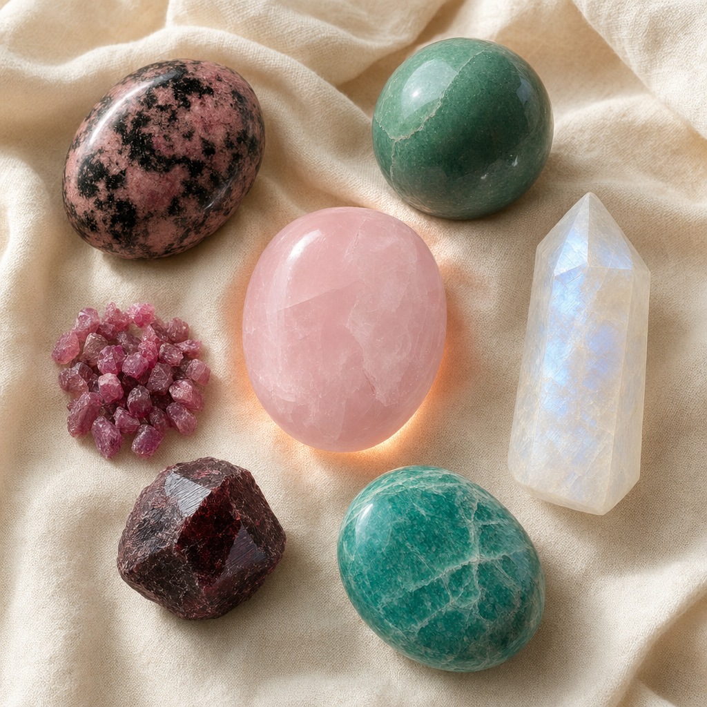 The Total Love Summoning crystal kit on warm cream linen with Rose Quartz Palmstone as the centerpiece, surrounded by Rhodonite, Green Aventurine, Pink Tourmaline, Blue Moonstone, Red Garnet and Amazonite.