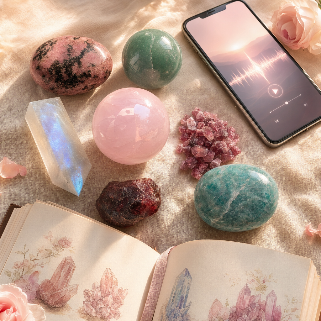 A warm Rose Quartz centerpiece glowing at the heart of a soft ring of six love-activating companion stones, gentle rose and gold aura around the whole composition.