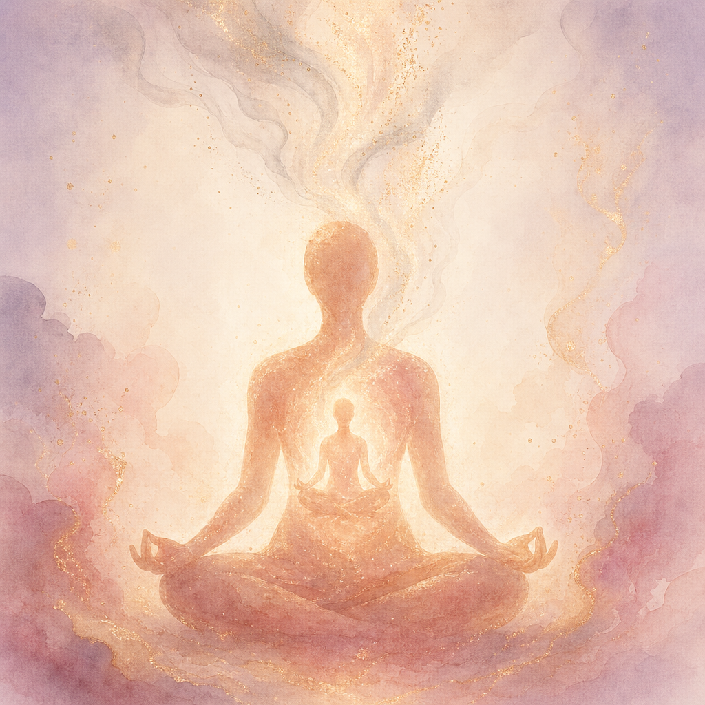 A rose-gold silhouette holding a smaller echo of itself at the heart &mdash; inner-child reunion, tenderness, and self-forgiveness.