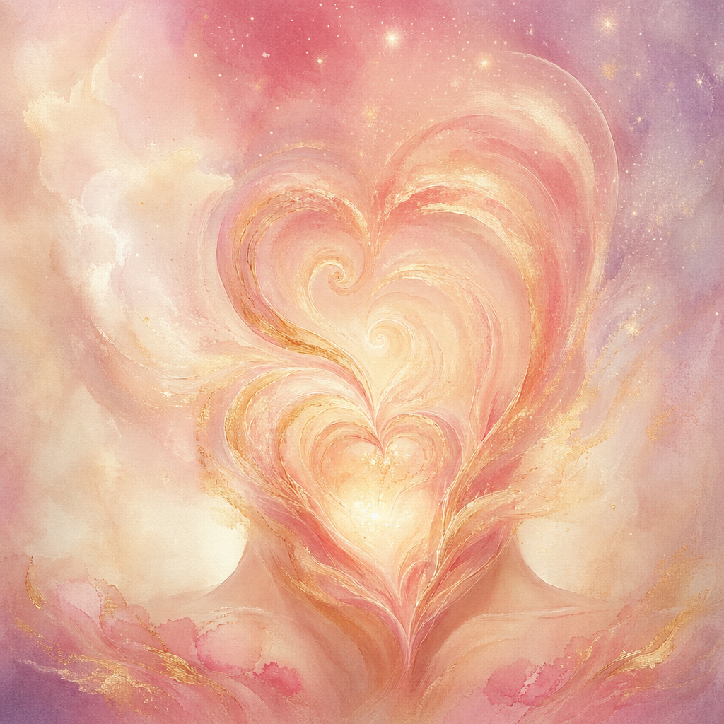 Warm rose-gold breath spirals rising gently from a softly glowing heart into a warm cream field.