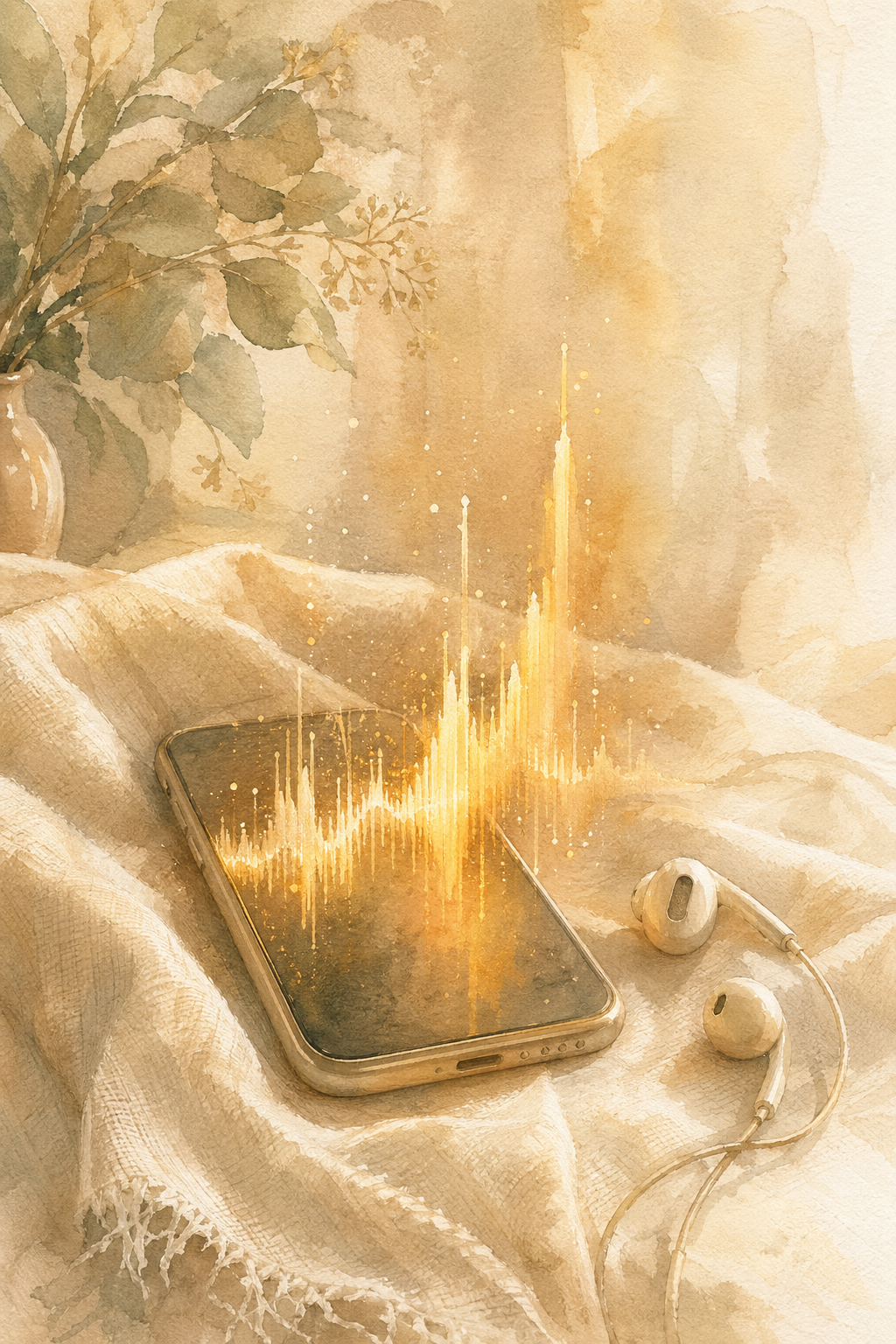 Headphones beside a phone glowing with a warm gold audio waveform on cream linen.