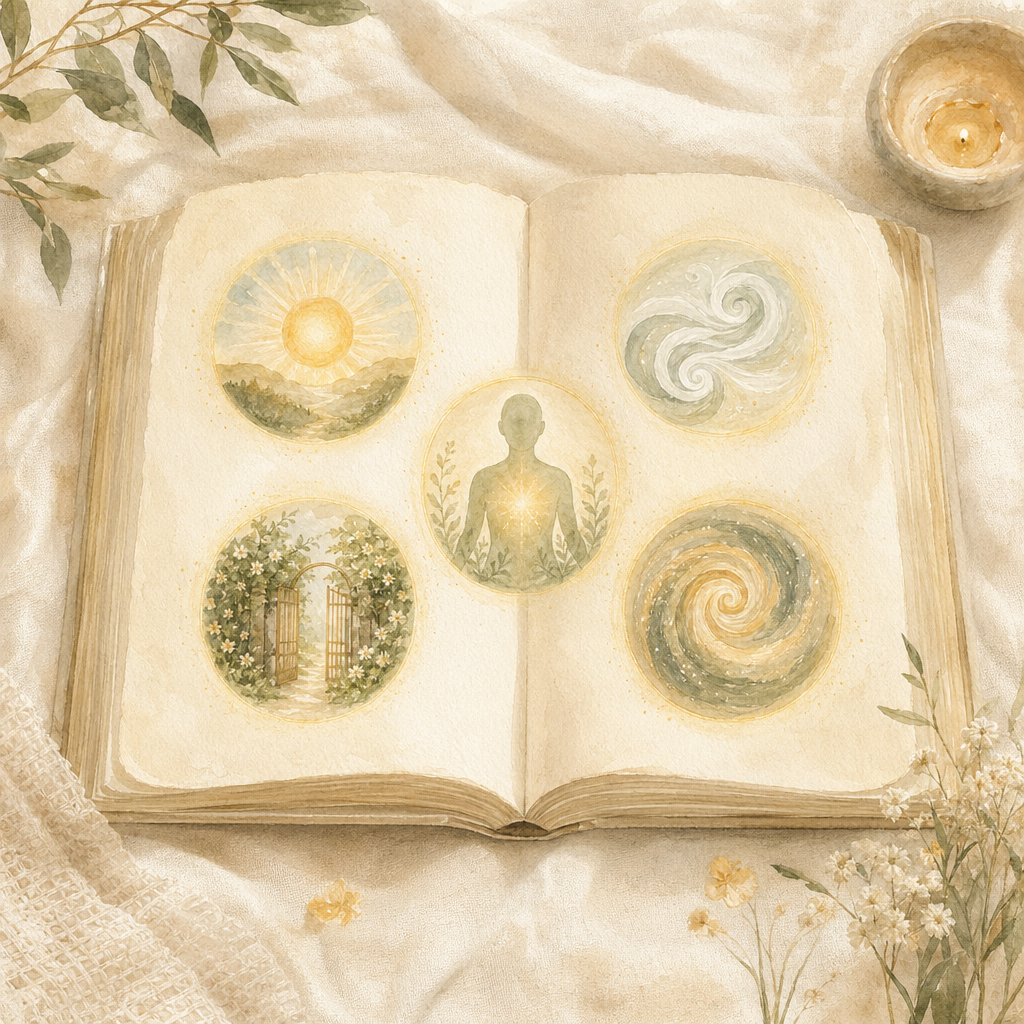 An open book with five small audio-session vignettes glowing on the pages.