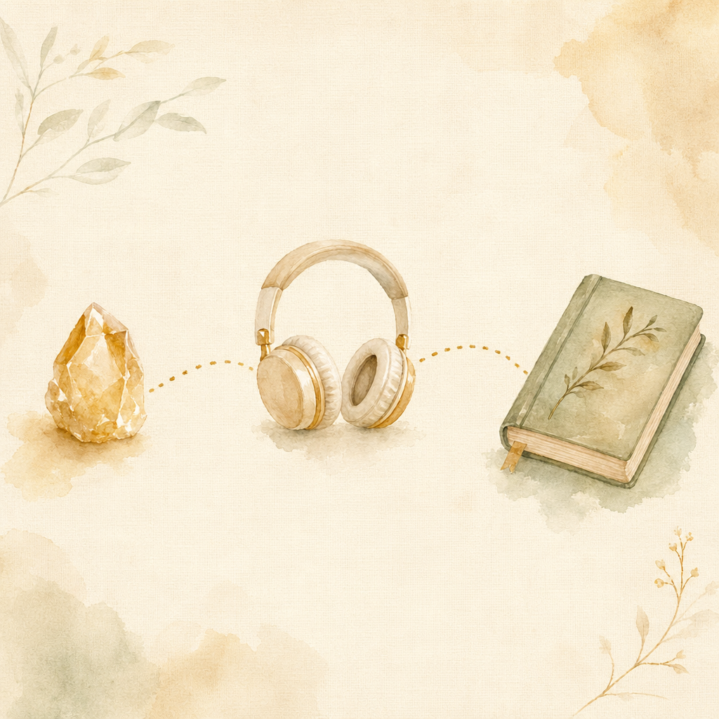 A small worksheet with a crystal, headphones and a book linked by gentle dotted lines.