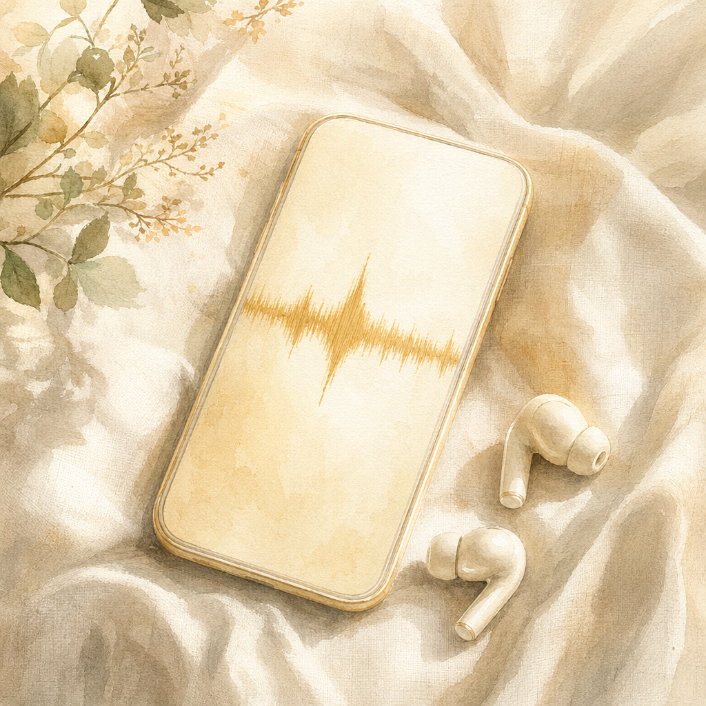 Earbuds and phone with golden audio waveform.