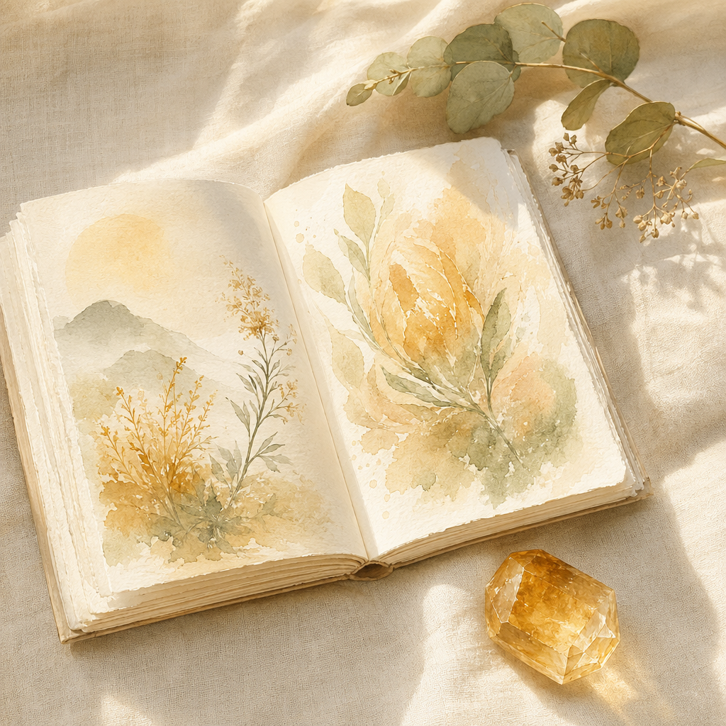 Open illustrated guidebook with golden glow.