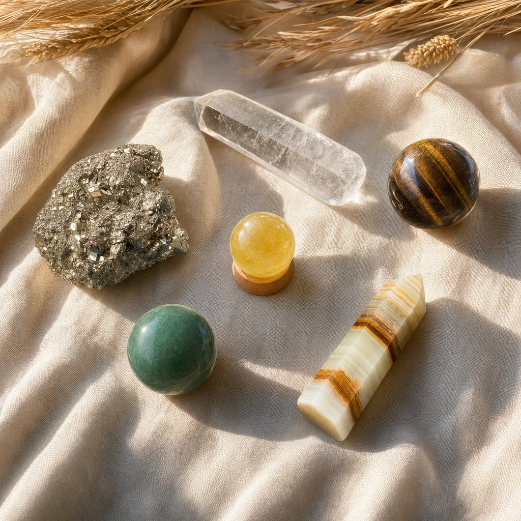 The full Money Magnet Mindset crystal kit on a soft cream linen surface, with the Mini Sphere as the centerpiece.