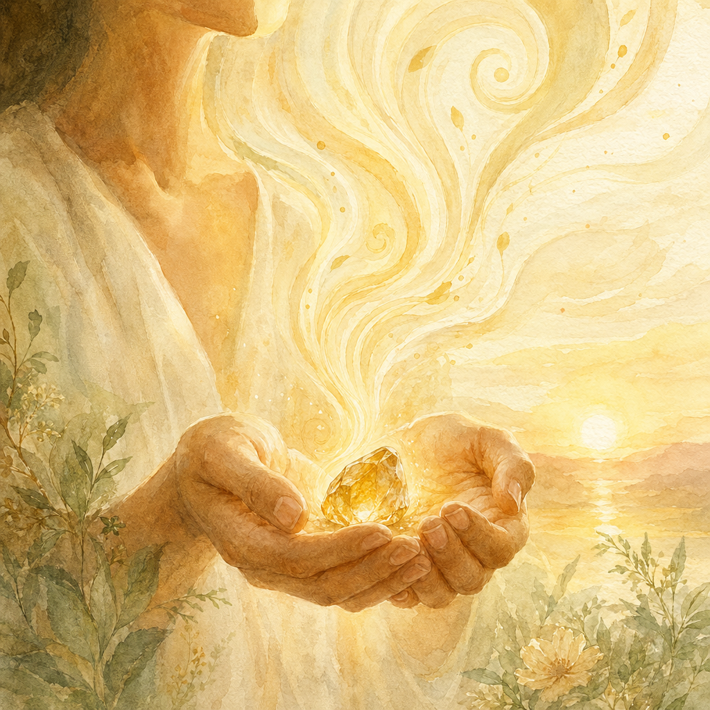 Soft golden wisps of breath rising above cupped hands holding a small glowing citrine.