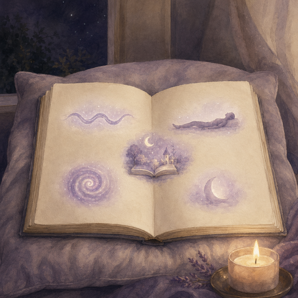 An open book with five small audio-session vignettes glowing on the pages.