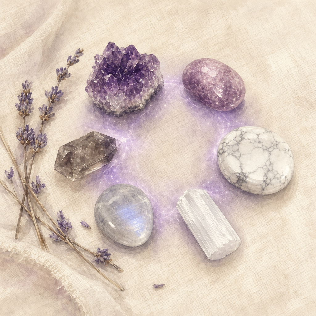 Six sleep crystals arranged in a soft ring on cream linen.