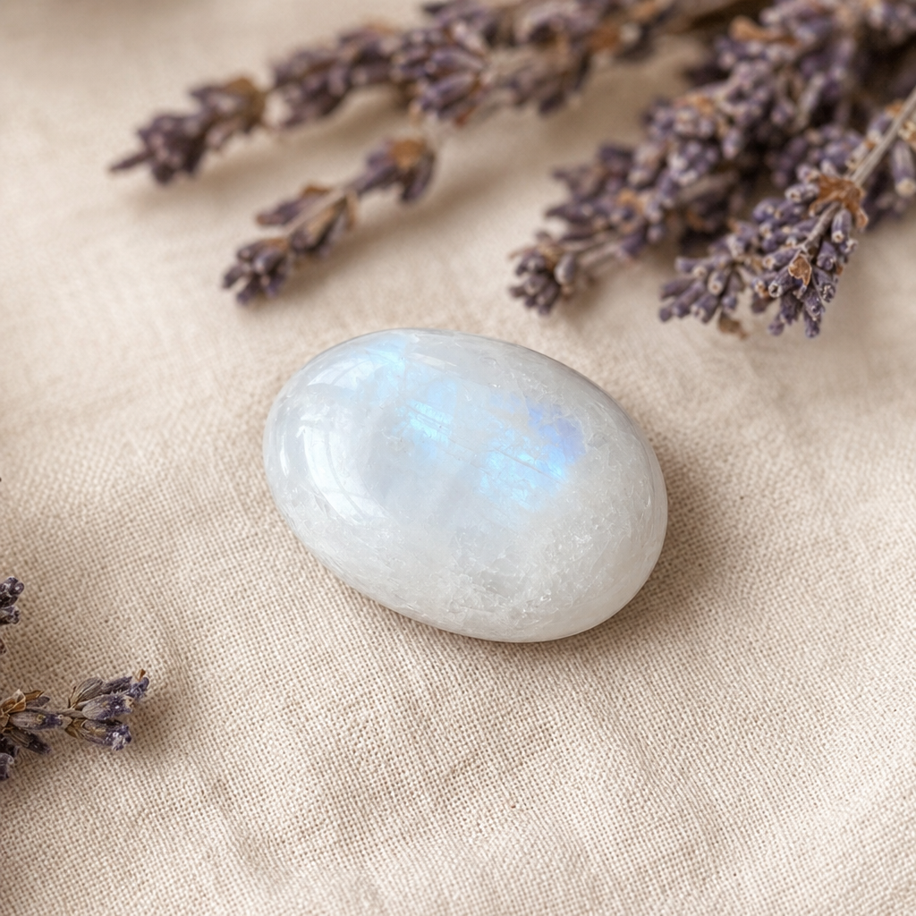 Moonstone tumbled ellipse close-up