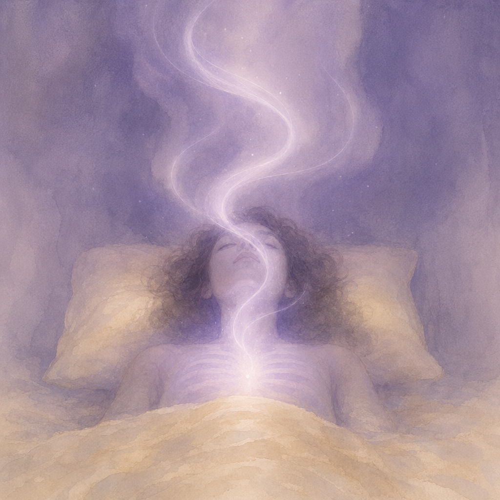 Soft lavender wisps of breath rising above a sleeping figure.